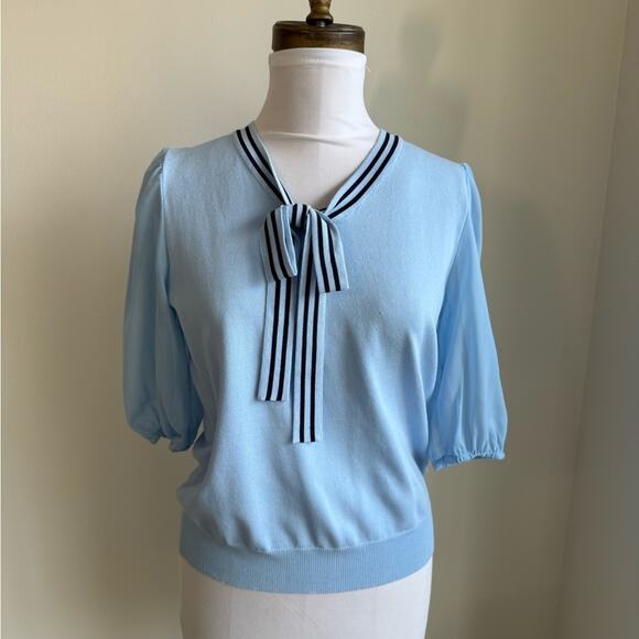 NANETTE LEPORE TIE NECK SWEATER SHEER PUFF SLEEVES LIGHT BLUE SMALL - Picture 2 of 9